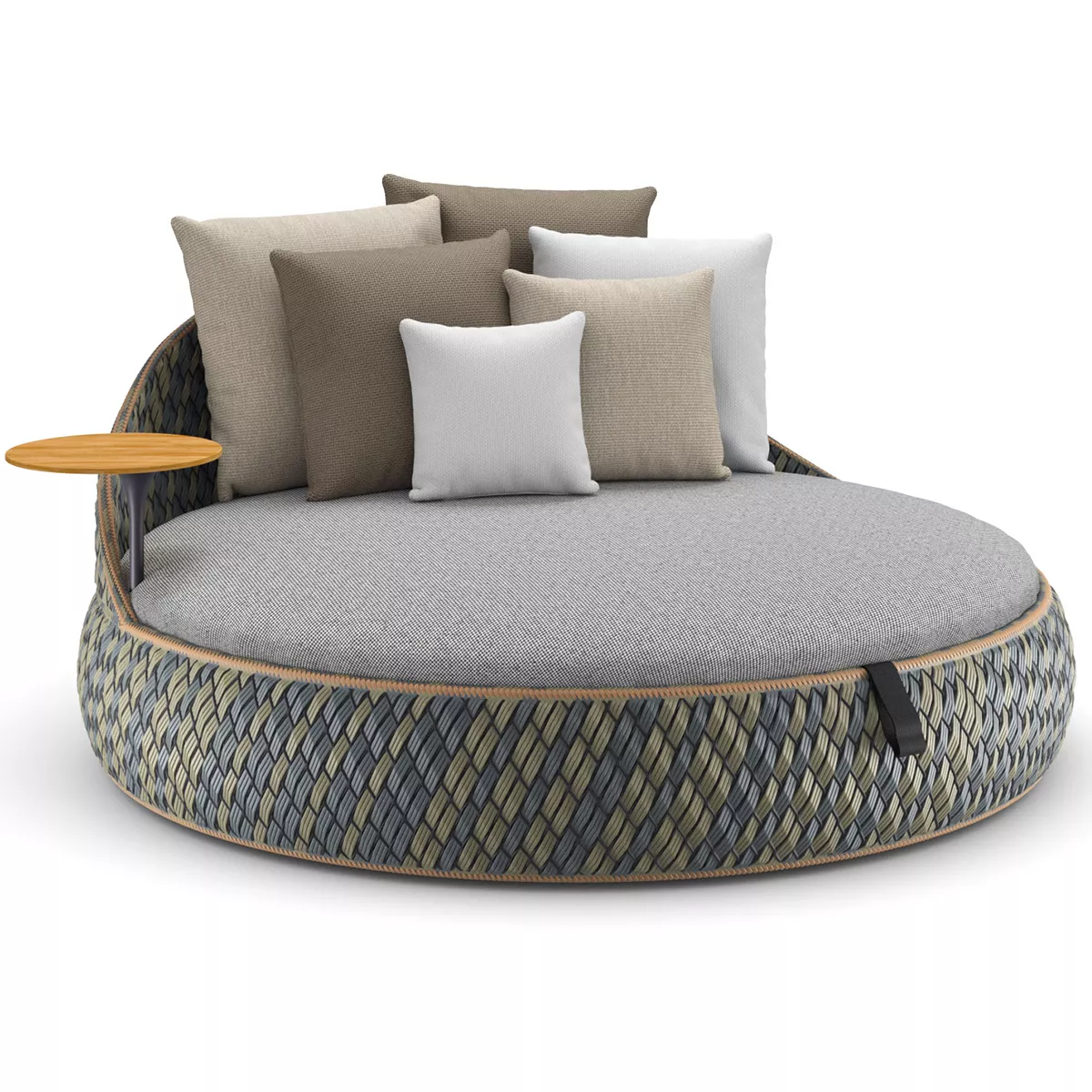 Dedon Dala Loveseat in runder Form mit grauem Polster und mehreren Kissen in verschiedenen Farben mit kleinem Holztisch ohne Hintergrund