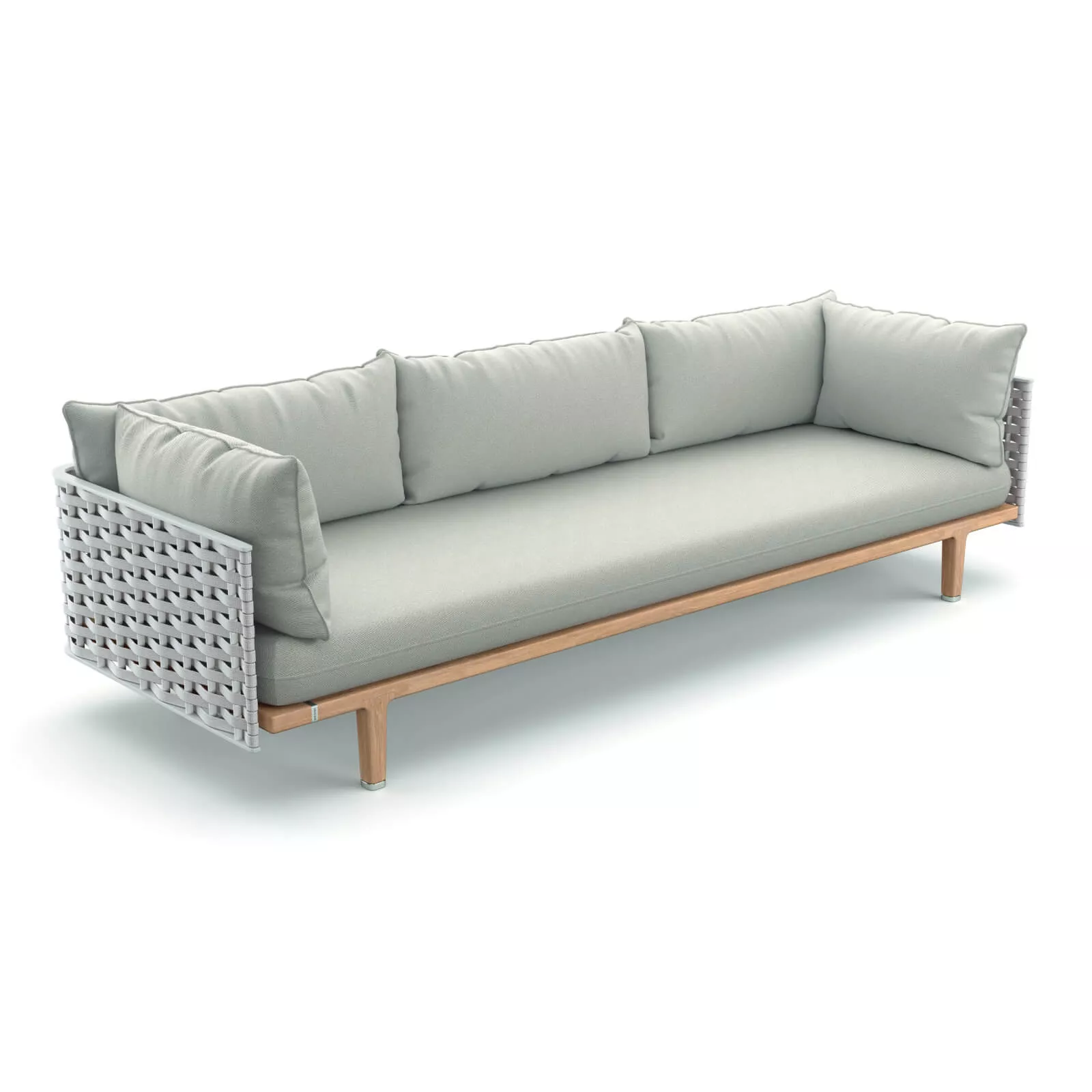 Dedon Sealine 3er Sofa in hellem Grau mit Holzgestell und geflochtenen Seitenteilen ohne Hintergrund