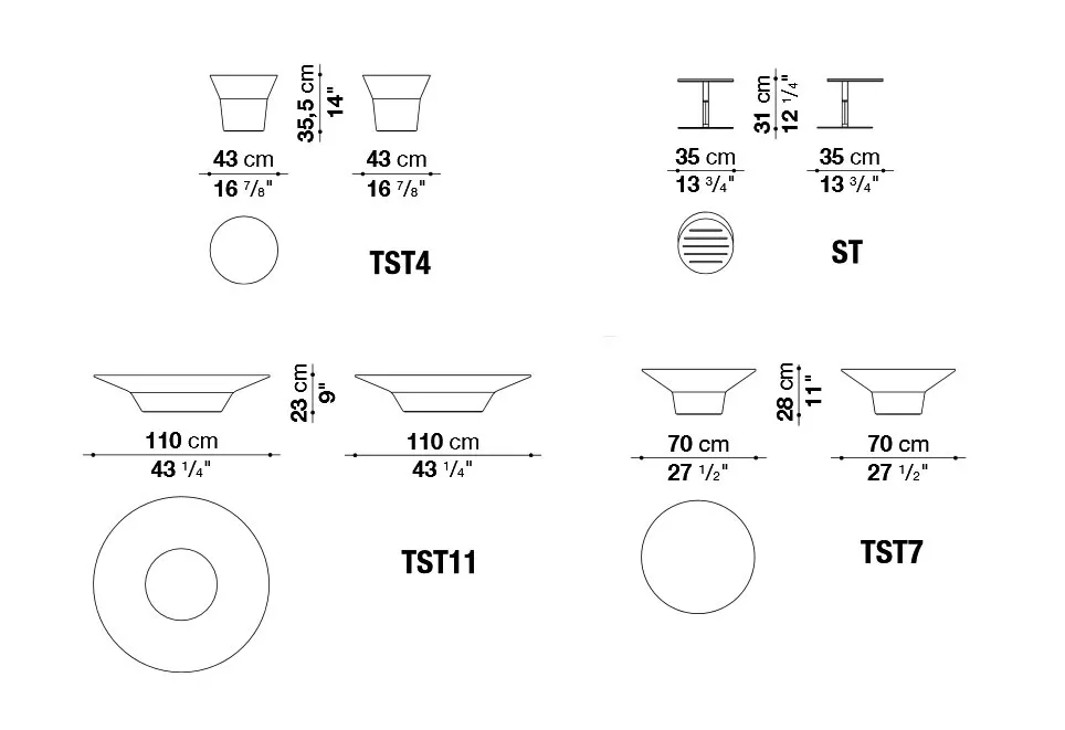 Technisches Datenblatt für B&B Italia Springtime Outdoor Beistelltisch mit verschiedenen Maßen und Ansichten