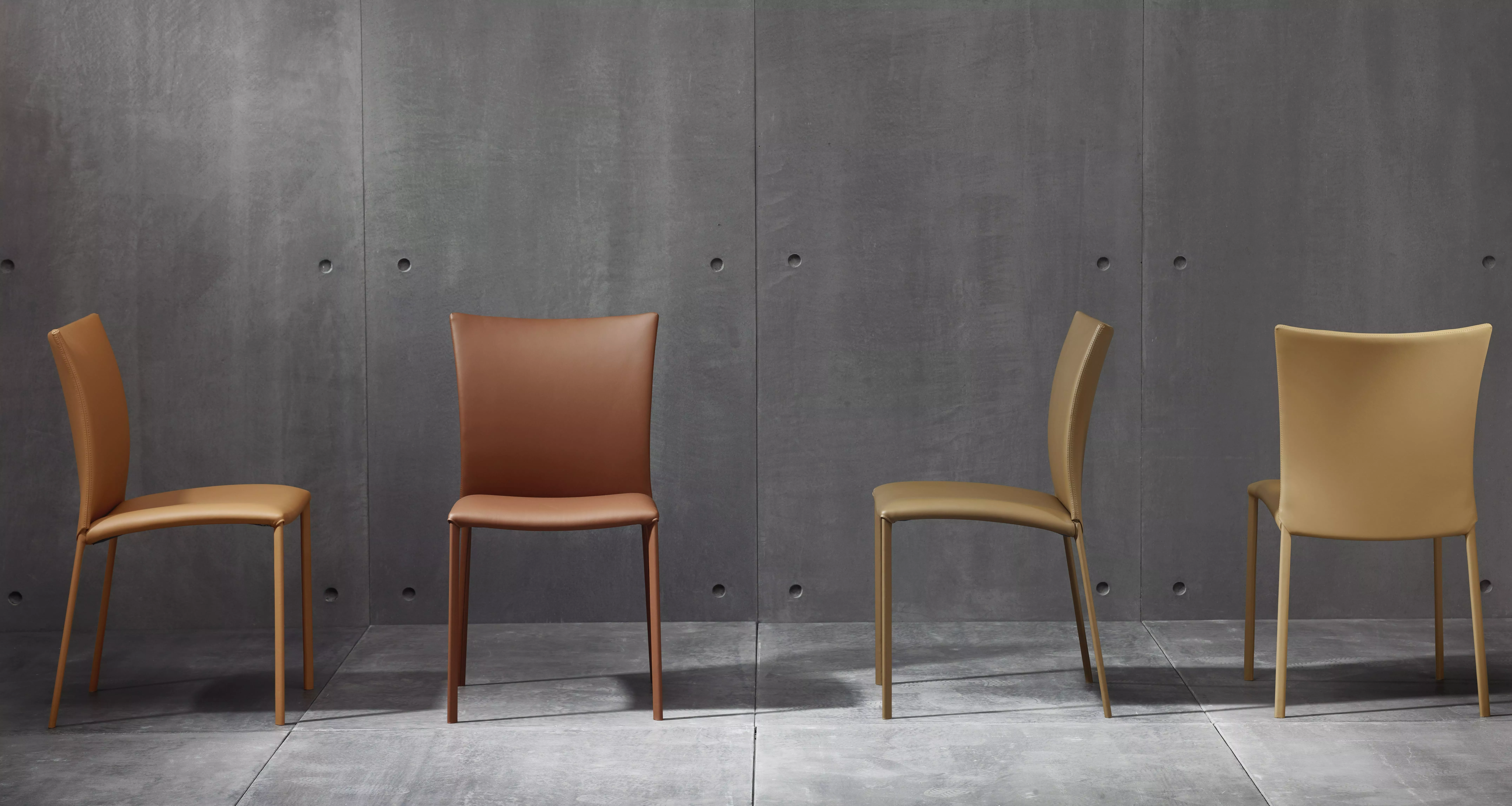 Vier DRAENERT Nobile Soft Stühle in verschiedenen Brauntönen vor einer grauen Betonwand in einer minimalistischen Umgebung.