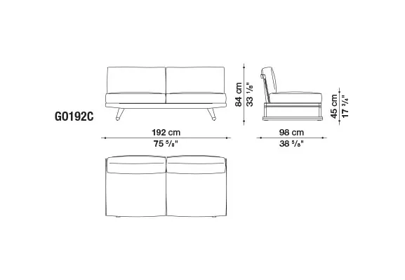 B&B Italia Gio Gartensofa Mittelmodul 192 cm technische Zeichnung mit Maßen in Breite Höhe und Tiefe