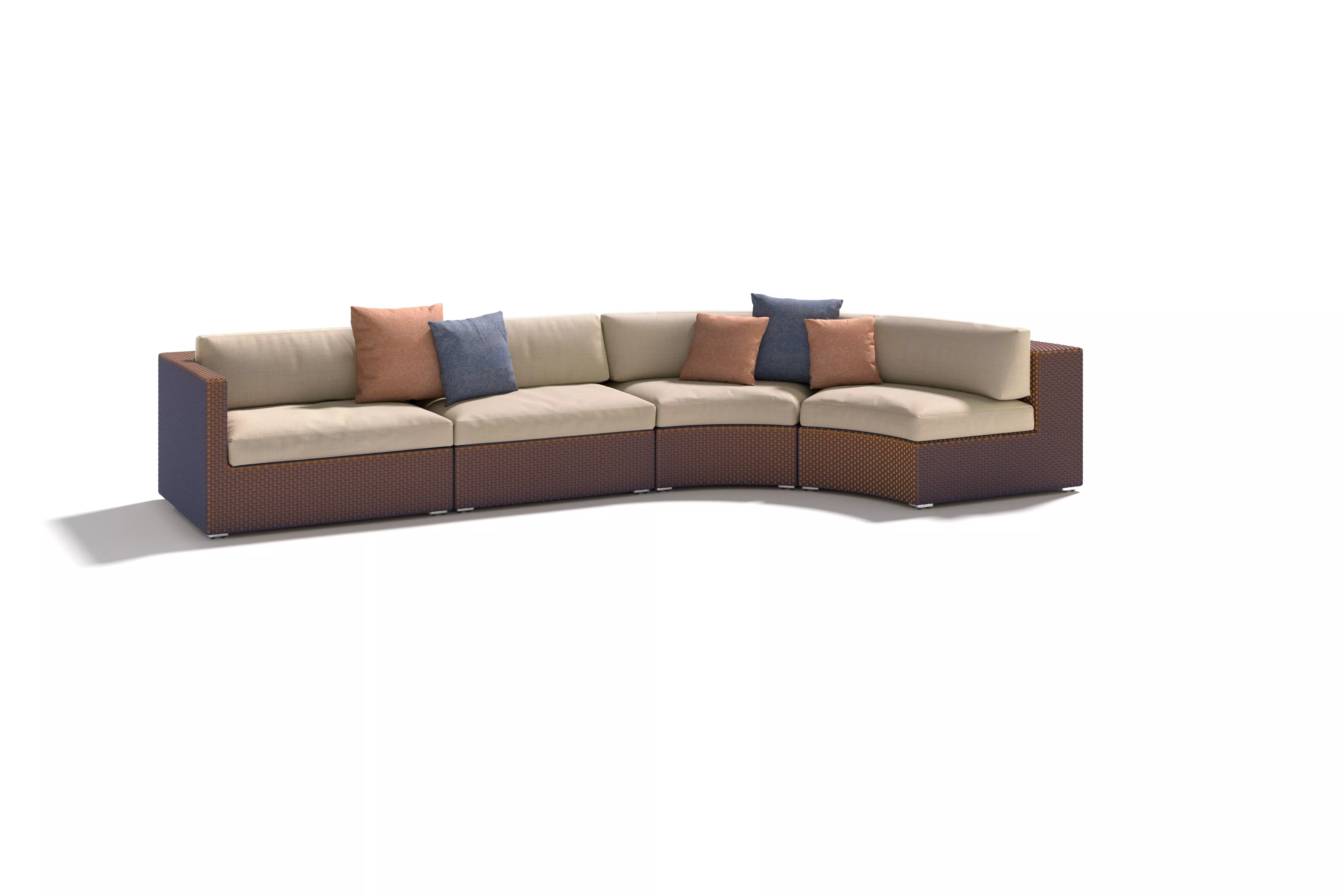 Dedon Lounge-Set mit beigen und bunten Kissen auf weißem Hintergrund