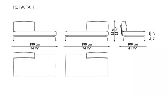 Technisches Datenblatt des B&B Italia Ribes Loungemodul Bank rechts 190 cm mit Abmessungen und Seitenansichten.