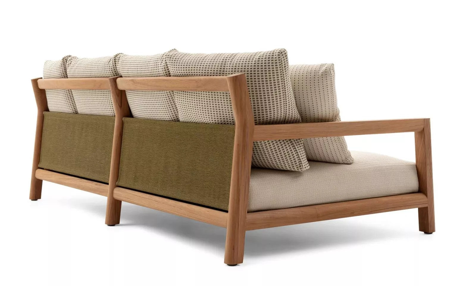 B&B Italia Pablo Outdoor Gartensofa mit Holzrahmen und beigen Kissen in einer Seitenansicht ohne Hintergrund