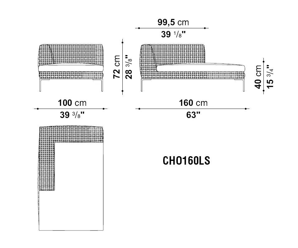 Technisches Datenblatt des Charles Outdoor Chaise Longue Element Links 160 cm von B&B Italia mit Abmessungen und Skizzenansicht