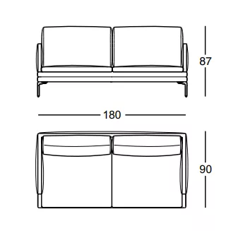 Technische Zeichnung des Zanotta Sofas mit den Maßen 87 cm Höhe 180 cm Breite und 90 cm Tiefe ohne Hintergrund