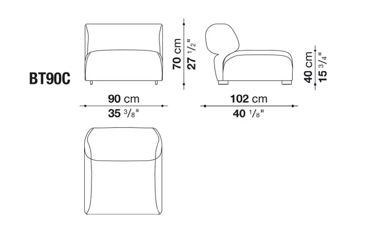 B&B Italia Butterfly Gartensofa Mittelmodul technische Zeichnung mit Maßen 90 cm Breite 70 cm Höhe 102 cm Tiefe und 40 cm Sitzhöhe