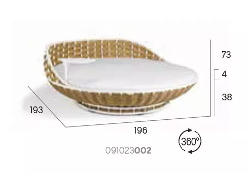 Dedon Swingrest Standing Lounger in Weiß und Braun mit den Maßen 196x193x73 cm auf einem technischen Datenblatt abgebildet