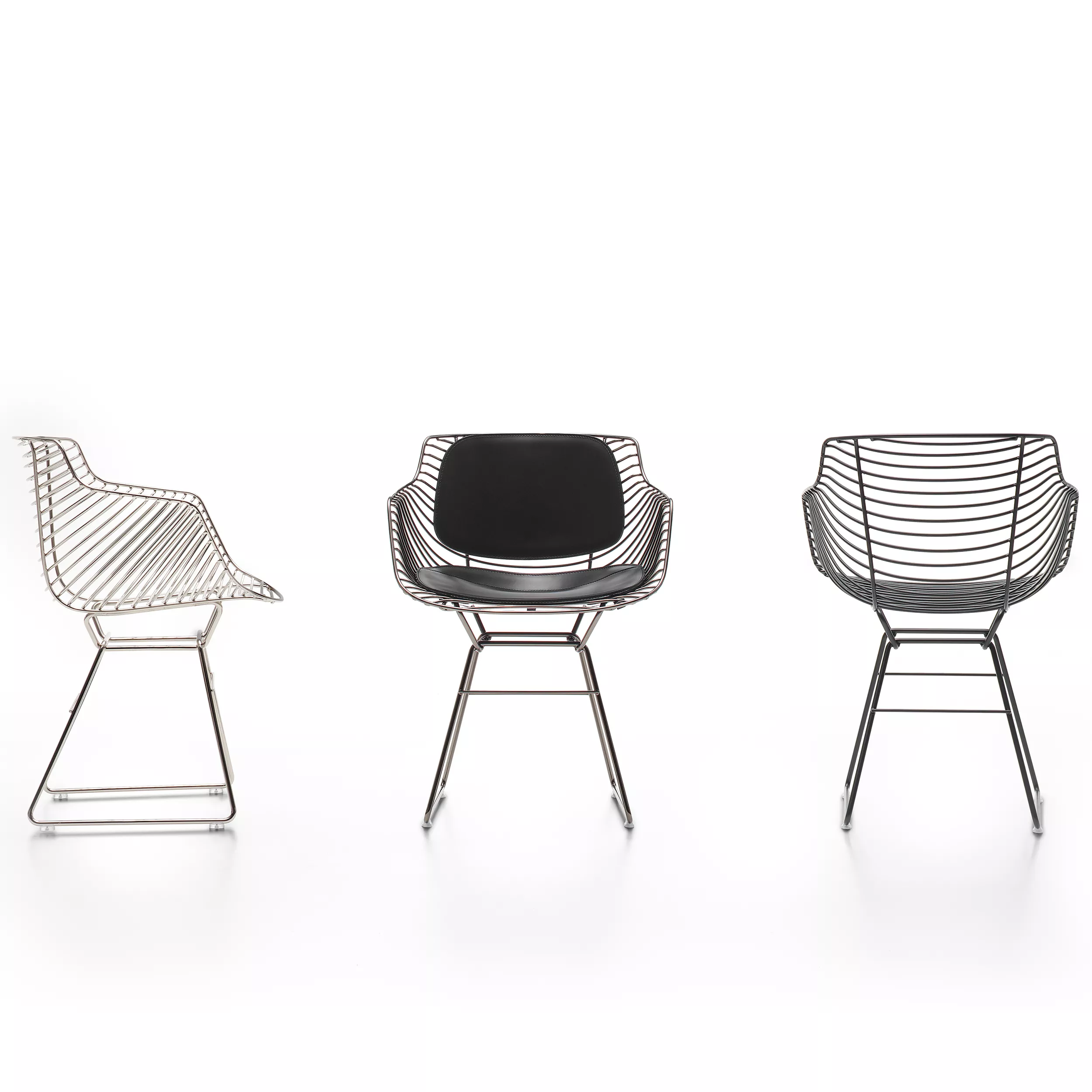 Drei MDF Italia Flow Filo Stühle in verschiedenen Ansichten auf weißem Hintergrund