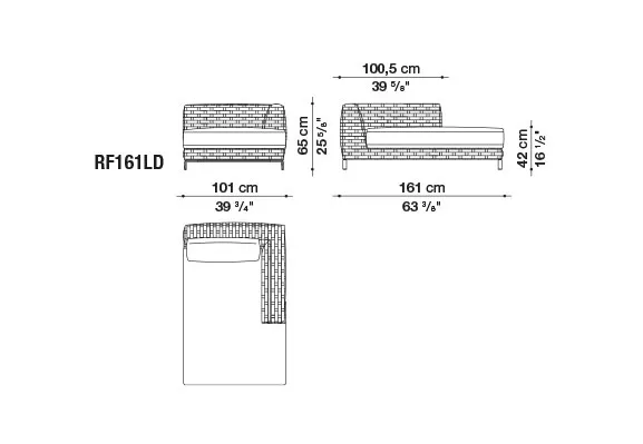 B&B Italia Ray Outdoor Chaiselongue rechts 161x101 cm technische Zeichnung mit Maßen und Ansicht von oben und der Seite