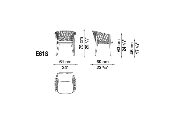 Technische Zeichnung des B&B Italia Erica Armlehnstuhls mit den Maßen 61 cm Breite 75 cm Höhe und 63 cm Tiefe.