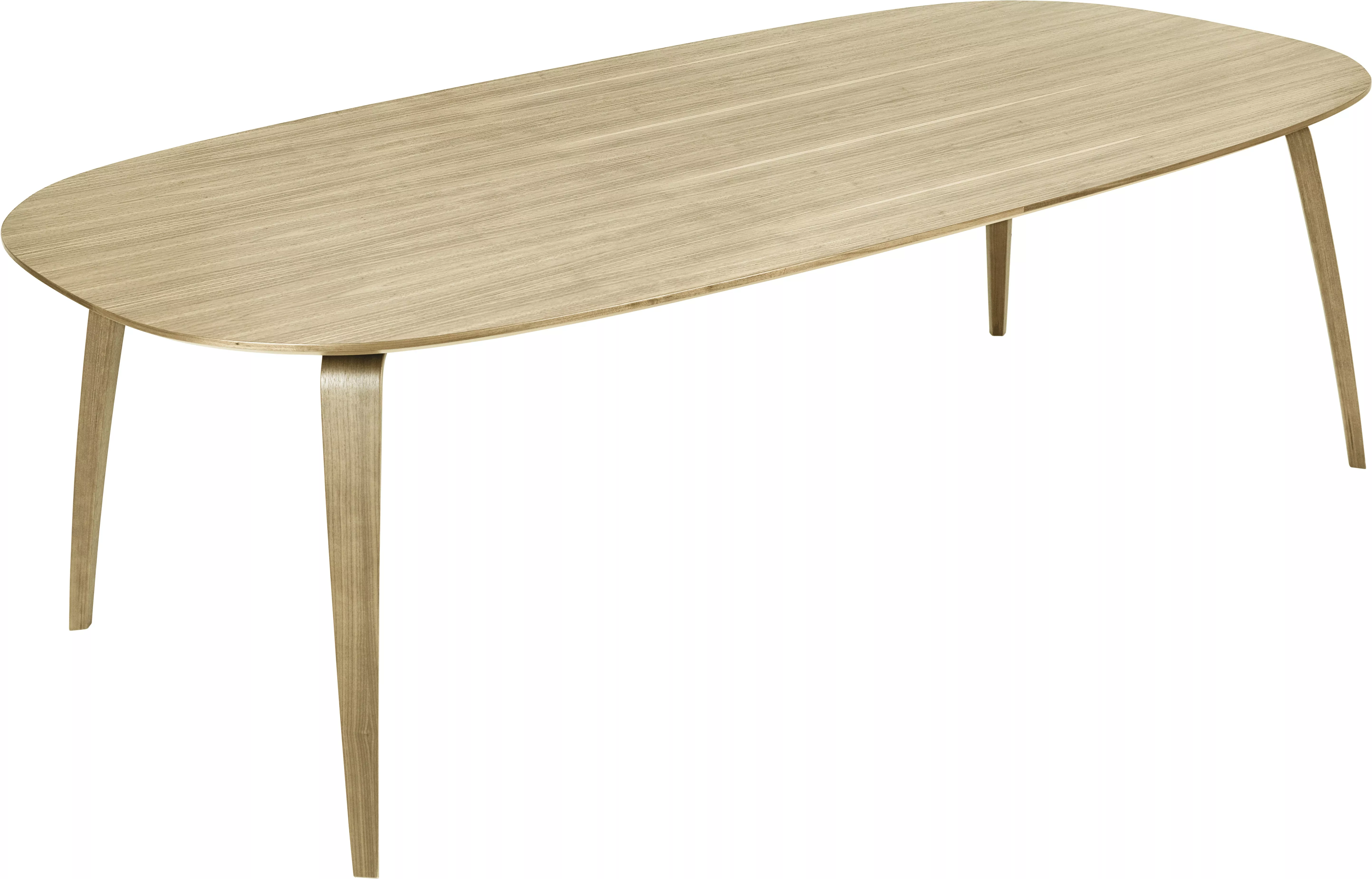 GUBI Dining Table Elliptical 230x120x73 mit Holzgestell aus Eiche in einem hellen Raum ohne Hintergrund