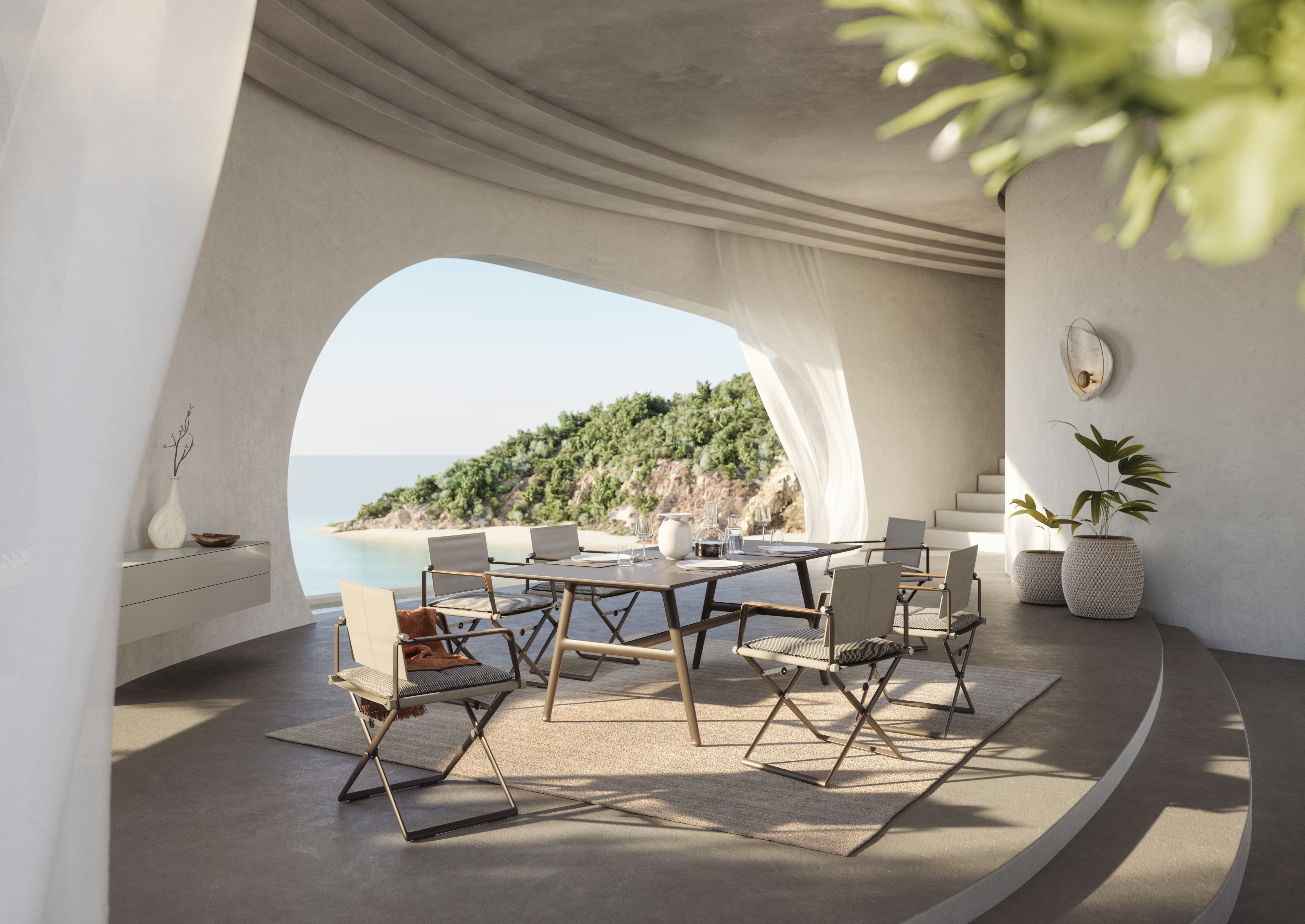 Dedon Endless Ocean Seax Bellmonde Essbereich auf einer Terrasse mit Meerblick und modernen Möbeln in einer entspannten Atmosphäre