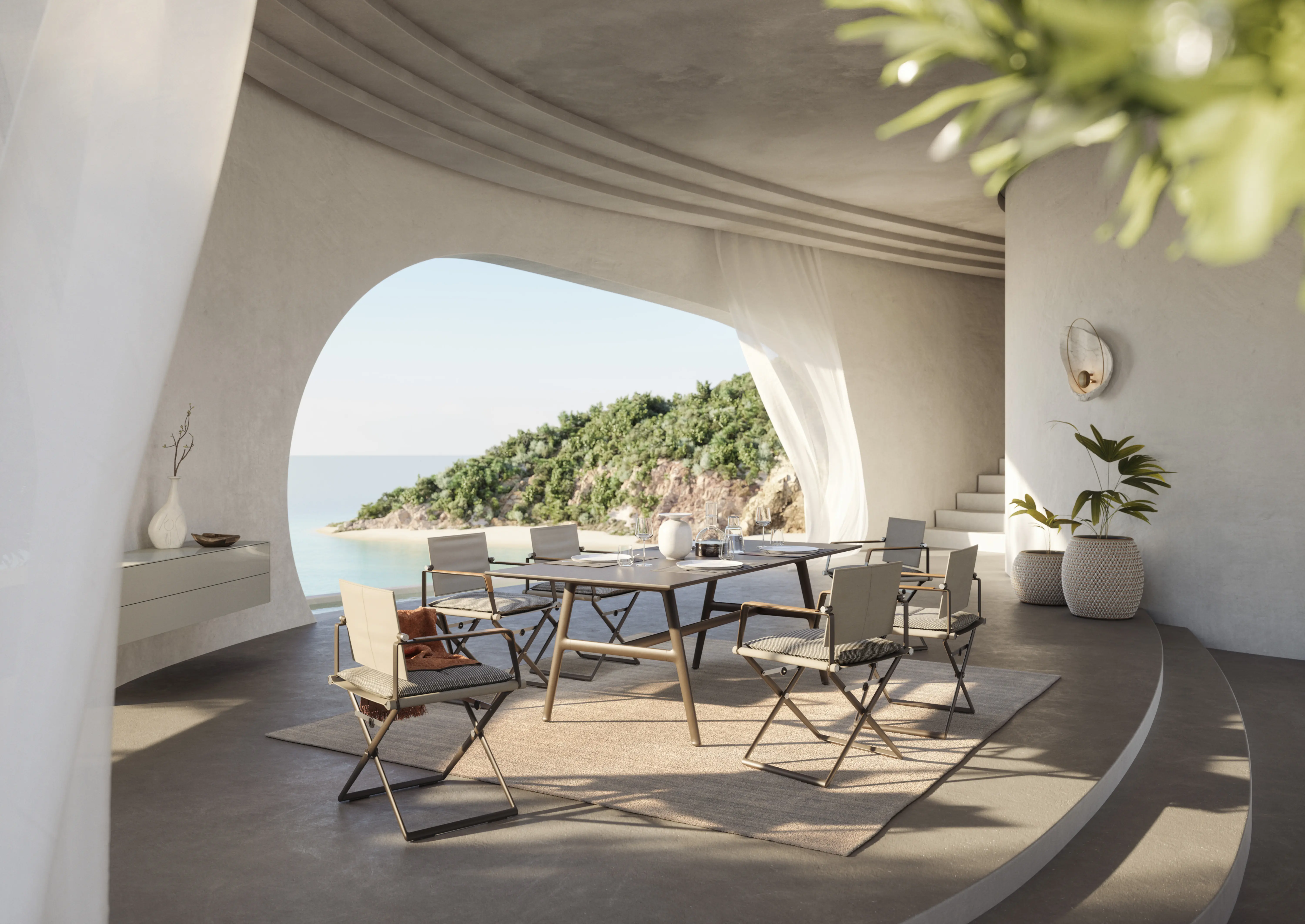 Dedon Endless Ocean Seax Bellmonde Essbereich auf einer Terrasse mit Meerblick und modernen Möbeln in einer entspannten Atmosphäre