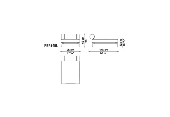 Technisches Datenblatt des B&B Italia Ribes Chaiselongue Moduls mit den Maßen 145 cm Länge 95 cm Breite und 48 cm Höhe.