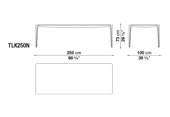 B&B Italia Link Outdoor Esstisch 250x100 cm technische Zeichnung mit Maßen und Ansichten des Tisches