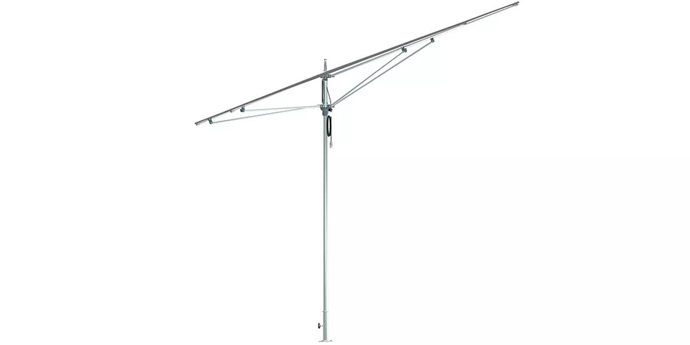 Ocean Master M1 Razor Sonnenschirm in Silber, technische Zeichnung auf weißem Hintergrund, zeigt schlankes Design und robuste Struktur.