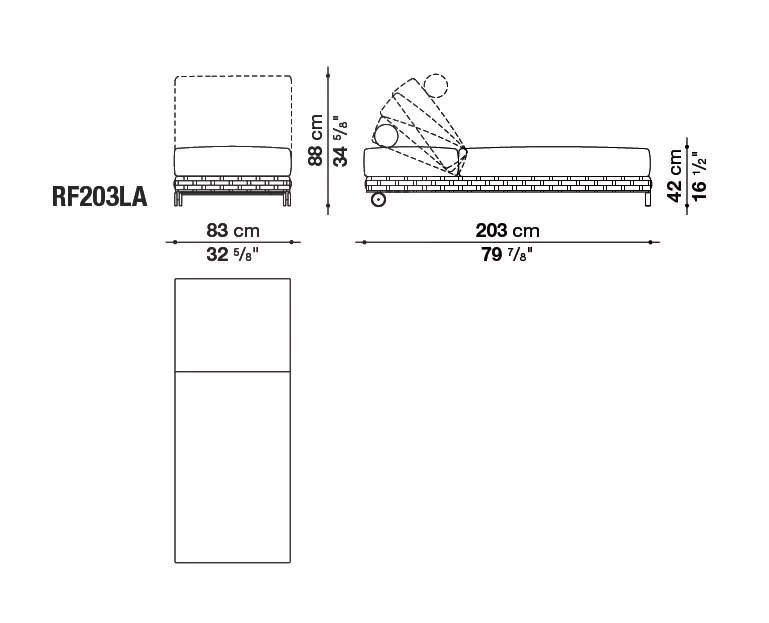 B&B Italia Ray Outdoor Fabric Sonnenliege 203 cm mit Rollen verstellbar technische Zeichnung mit Maßen und Verstellmöglichkeiten
