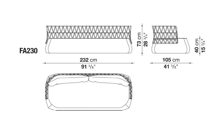 Technisches Datenblatt des B&B Italia Fat Gartensofas 232 cm mit Abmessungen und Seitenansicht.