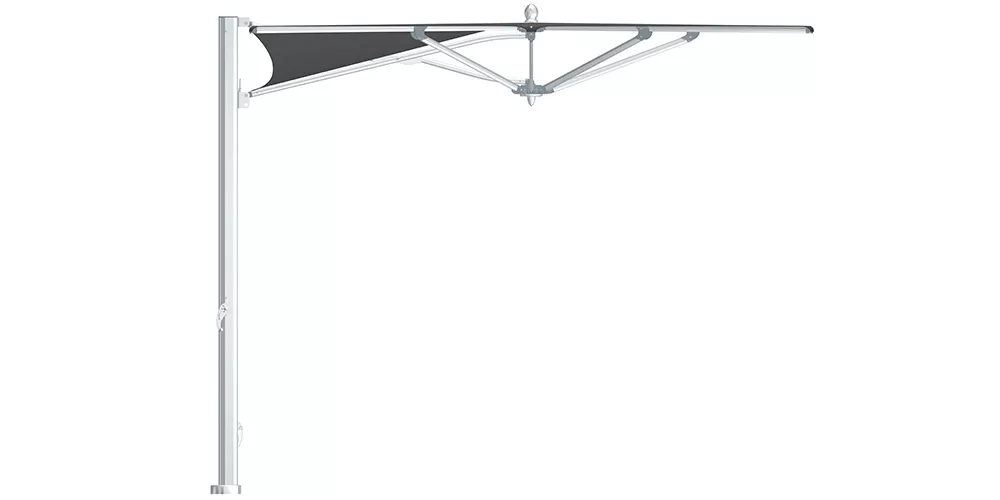 Ocean Master Cantilever Zero Horizon Sonnenschirm in Schwarz, seitliche Ansicht vor weißem Hintergrund, technische Zeichnung.