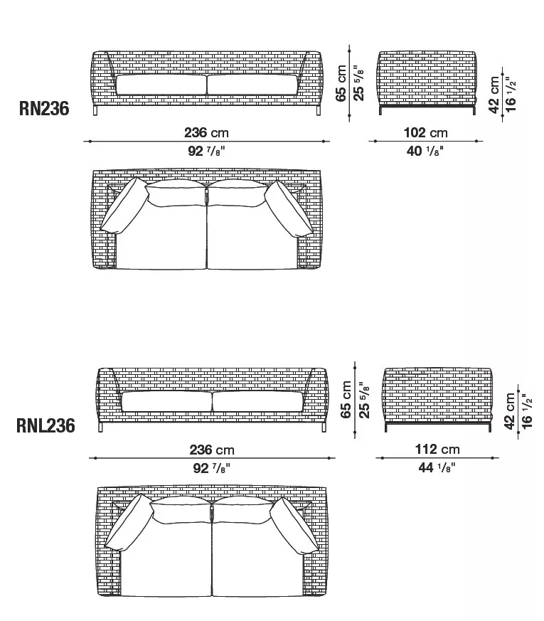 Technisches Datenblatt des B&B Italia Ray Outdoor Loungesofas 2356 cm aus natürlichem Stoff mit Abmessungen und Ansichten von vorne oben und der Seite