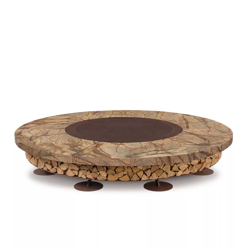 AK47 Ercole Feuerstelle aus Marmor Rain Forest Brown und Stahl in Small 150 cm ohne Hintergrund