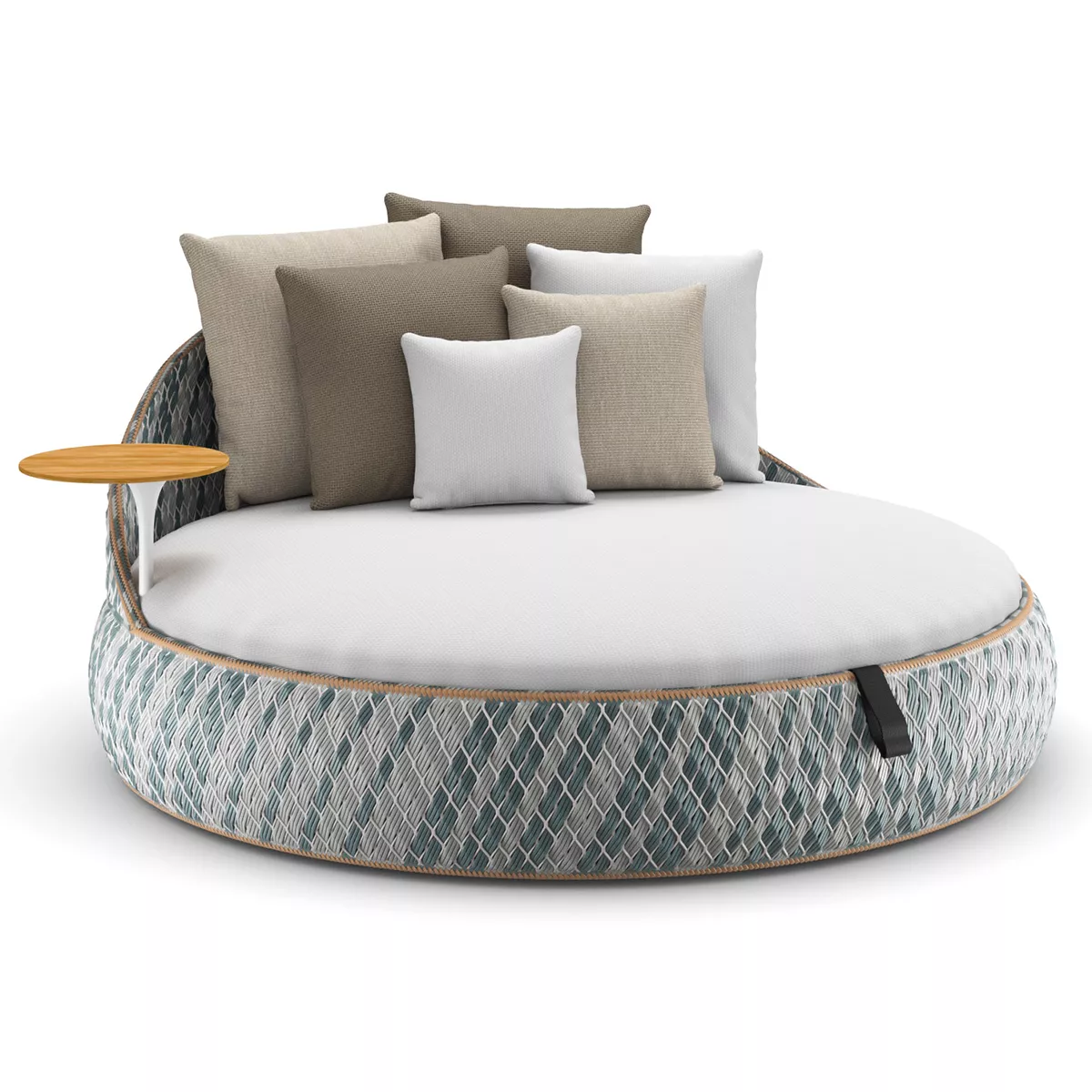 Dedon Dala Loveseat in runder Form mit gemustertem Bezug und mehreren Kissen in verschiedenen Farben ohne Hintergrund.