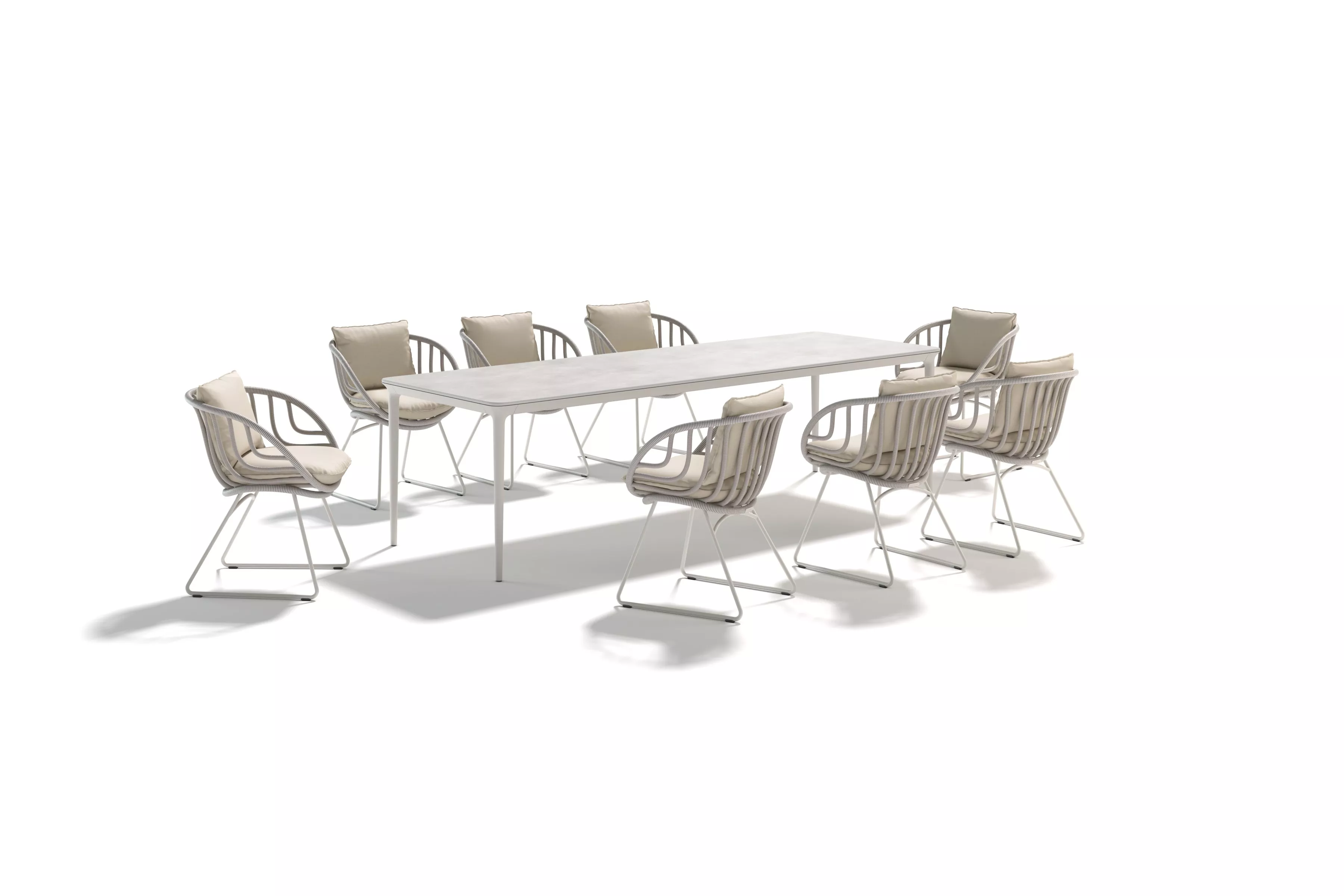 Dedon Kida Bellmonde Essgruppe mit acht Stühlen und einem rechteckigen Tisch in einem minimalistischen Design ohne Hintergrund