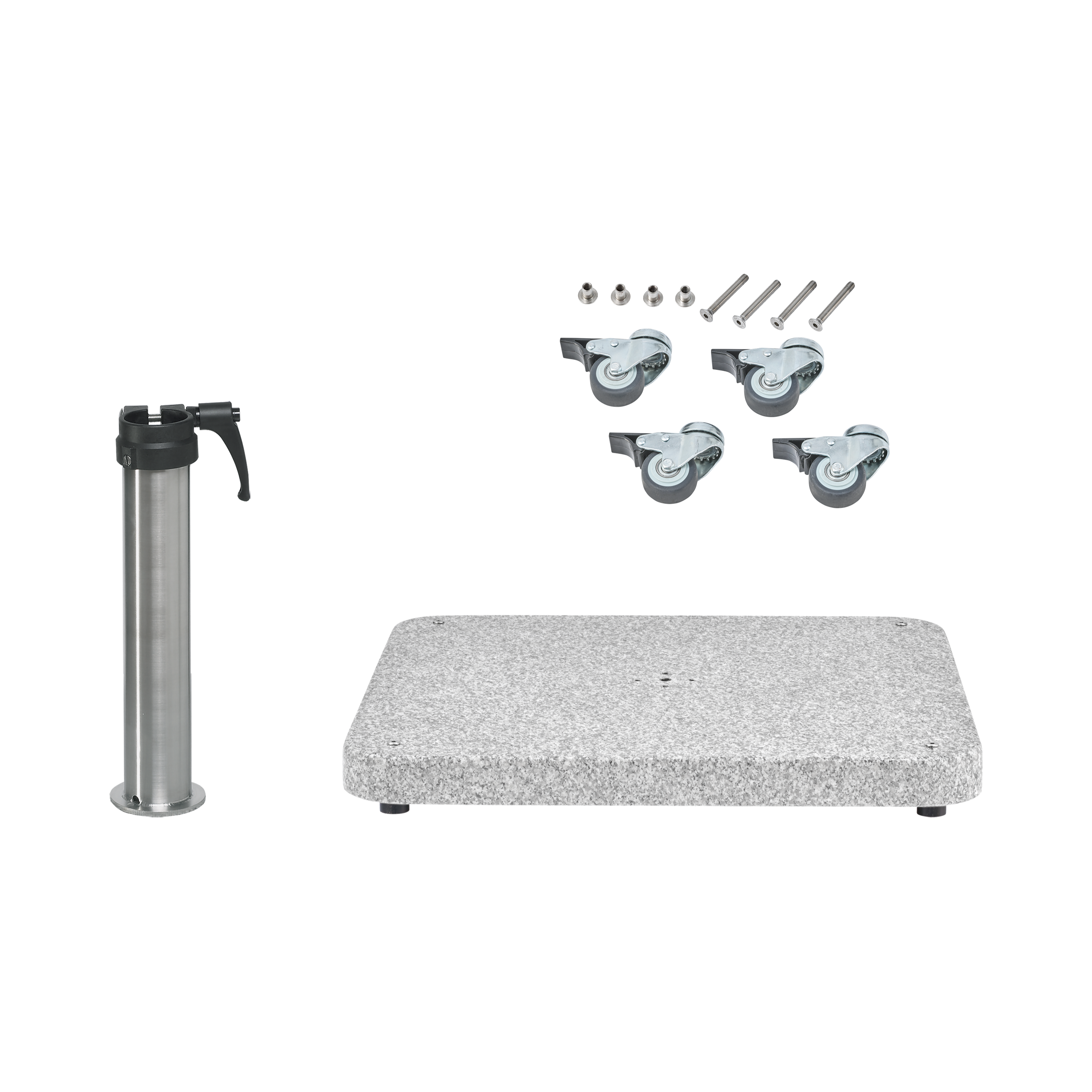 Granitsockel Z, 90kg matt, 75x75cm inkl. Standrohr Z 48/55mm Edelstahl, Rollen-Set verzinkt