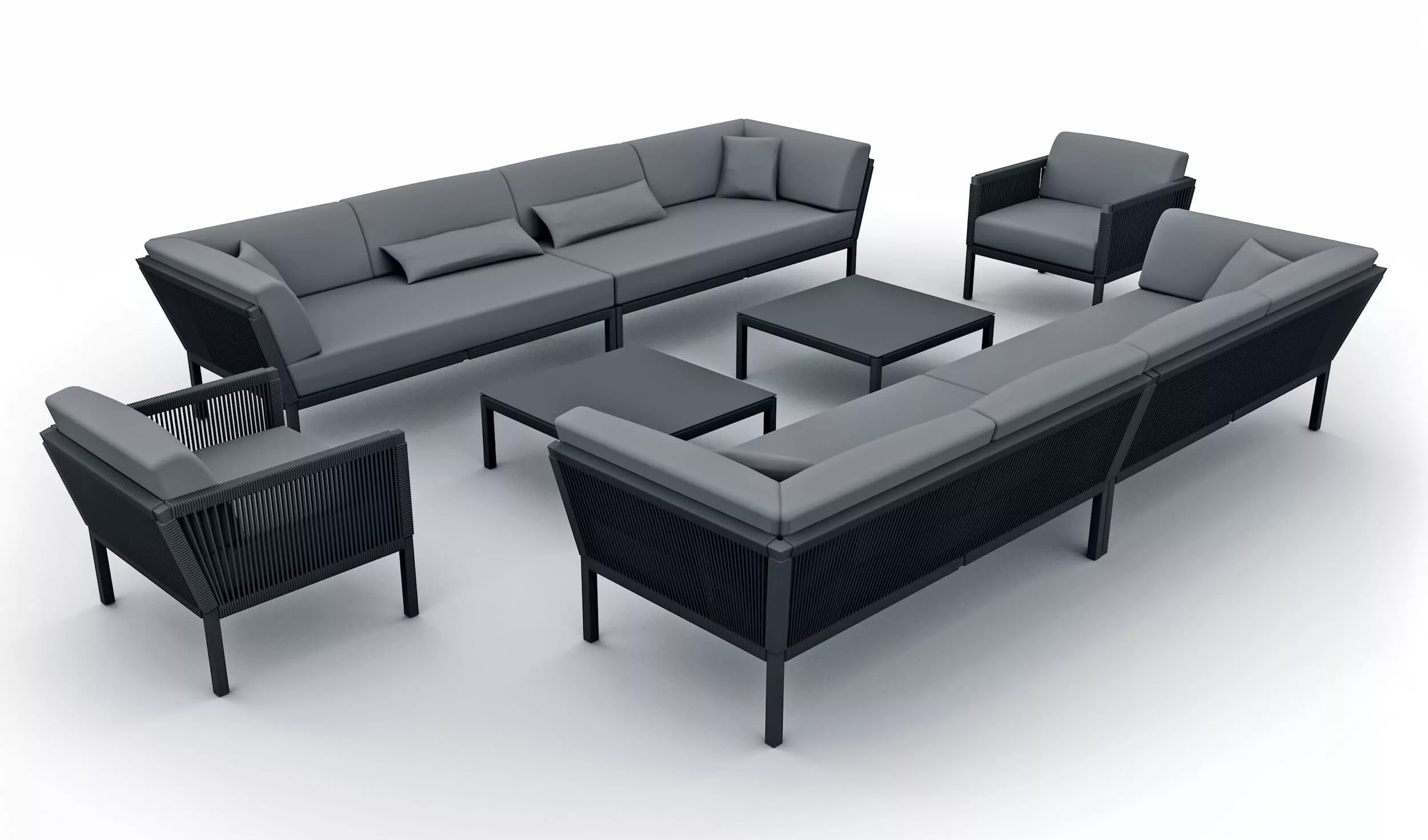 Solpuri Club Arrangement bestehend aus zwei Sofas zwei Sesseln und zwei Tischen in einem modernen Design ohne Hintergrund.