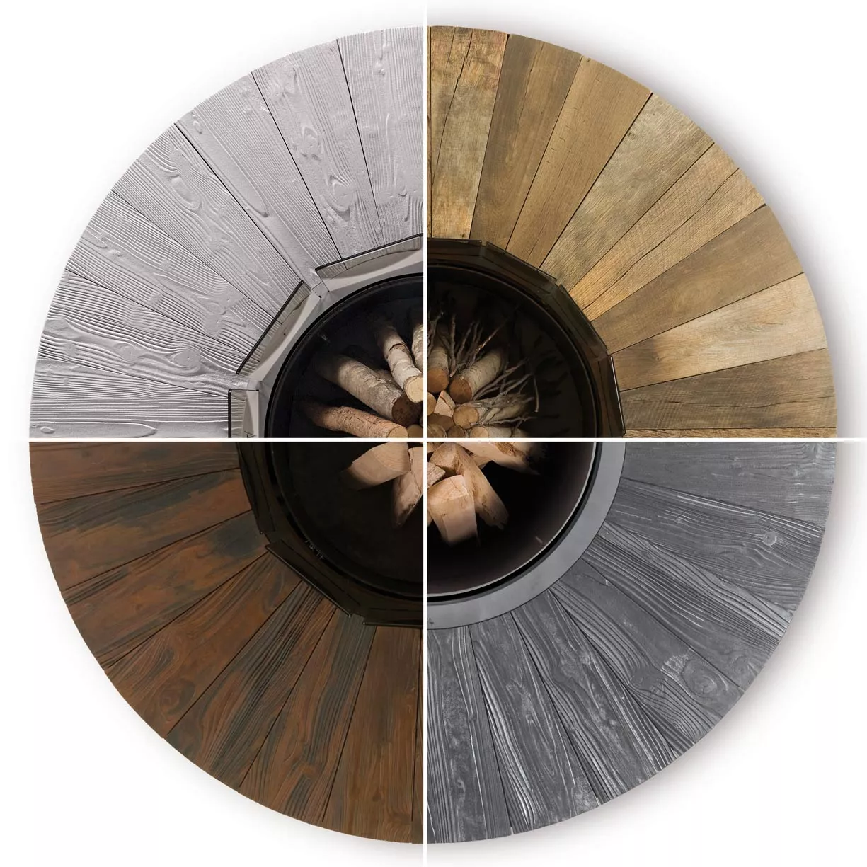 AK47 Zero Feuerstelle 300 cm Gartenkamin in vier verschiedenen Holzoptiken mit Holzscheiten in der Mitte ohne Hintergrund