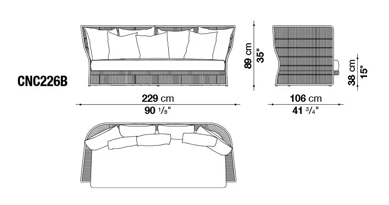 B&B Italia Canasta 13 Outdoor Gartensofa 229 cm technische Zeichnung mit Maßen und Ansichten von vorne seitlich und oben