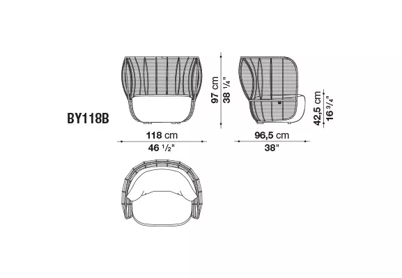 Technisches Datenblatt des B&B Italia Bay Loungesessels mit niedriger Rückenlehne und den Maßen 118 cm Breite 97 cm Höhe und 96,5 cm Tiefe