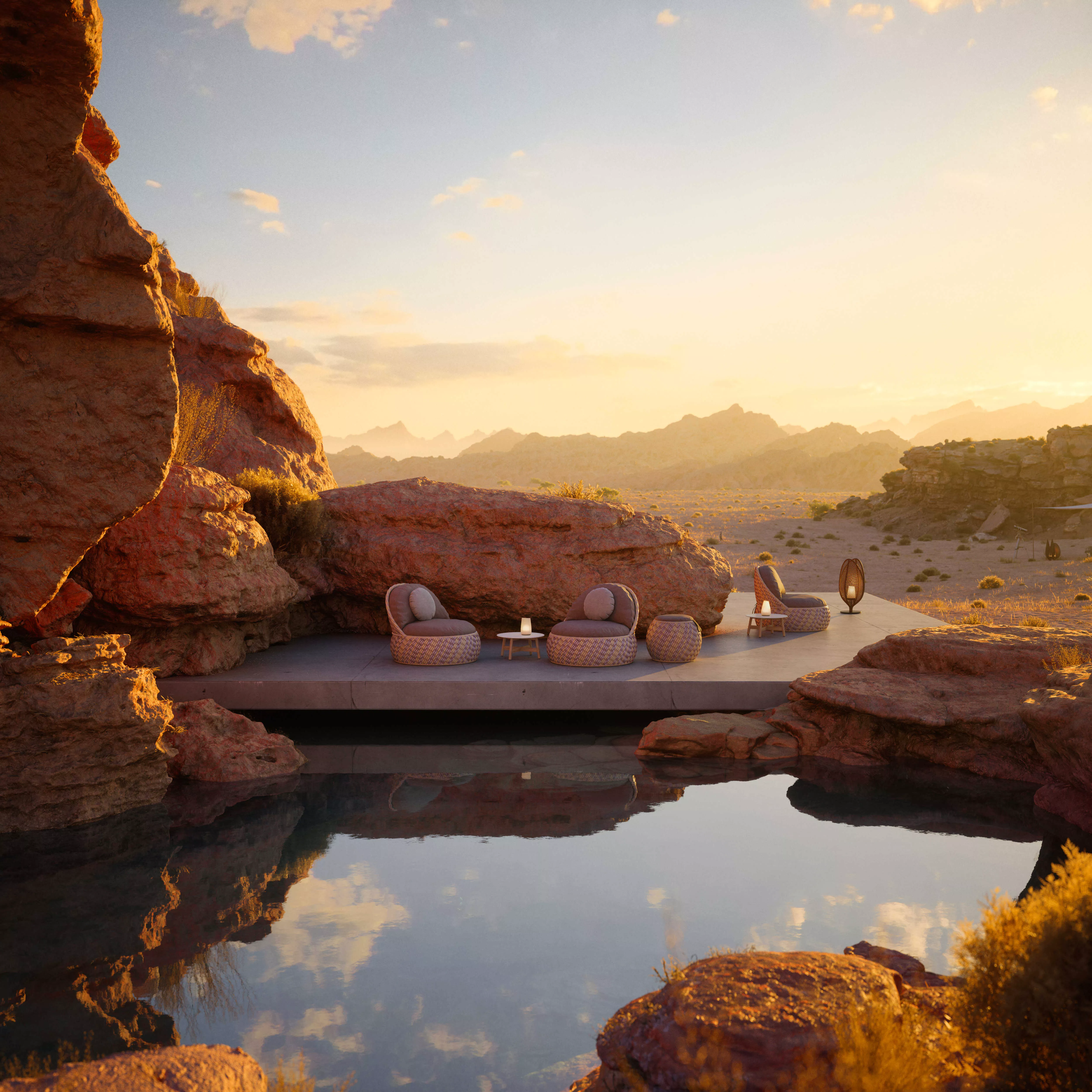 Dedon Mbrace Möbelkollektion in einer Wüstenlandschaft mit Felsen und Wasser im Vordergrund bei Sonnenuntergang als stimmungsvolles Bild
