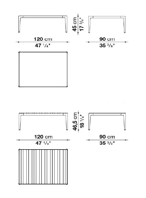 B&B Italia Mirto Outdoor Loungetisch 120x90 cm mit Tischplatte aus Aluminium oder Iroko technische Zeichnung mit Maßen
