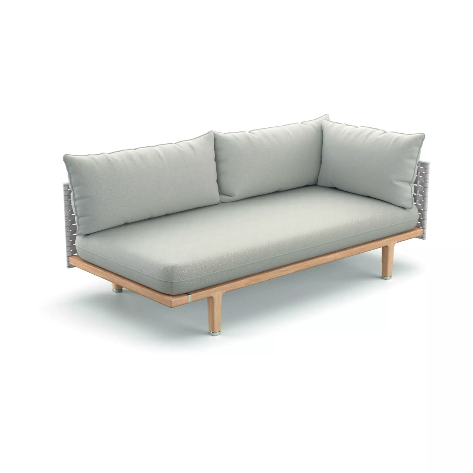 Dedon Sealine Modul links in hellem Grau mit Holzrahmen und geflochtenen Seitenteilen ohne Hintergrund