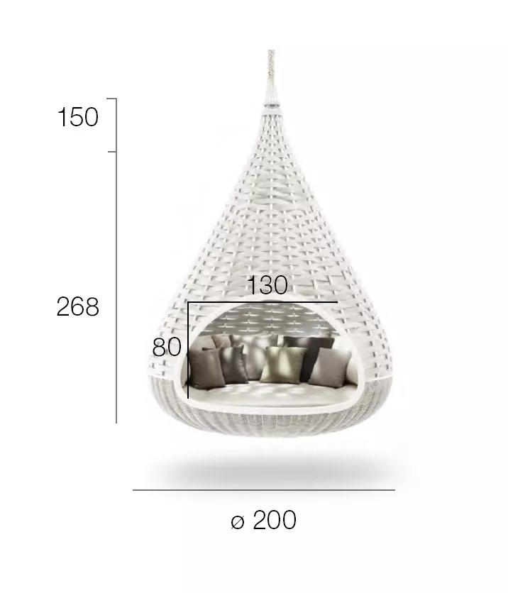 Dedon Nestrest Hängesessel rund 200 cm in Weiß mit Kissen technische Zeichnung mit Maßen 150 cm Höhe 268 cm Gesamthöhe 130 cm Sitzhöhe 80 cm Tiefe
