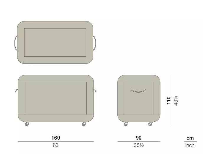 Technische Zeichnung der Dedon La Malle Kissentruhe XL mit Maßen in Zentimetern und Zoll ohne Hintergrund