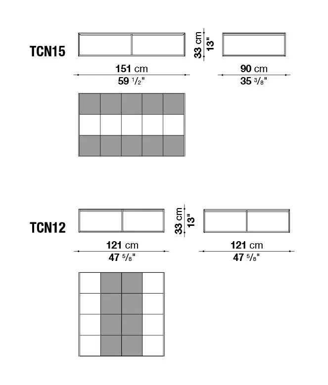 Technisches Datenblatt für B&B Italia Canasta Outdoor Loungetisch mit Abmessungen und Zeichnungen der Modelle TCN15 und TCN12