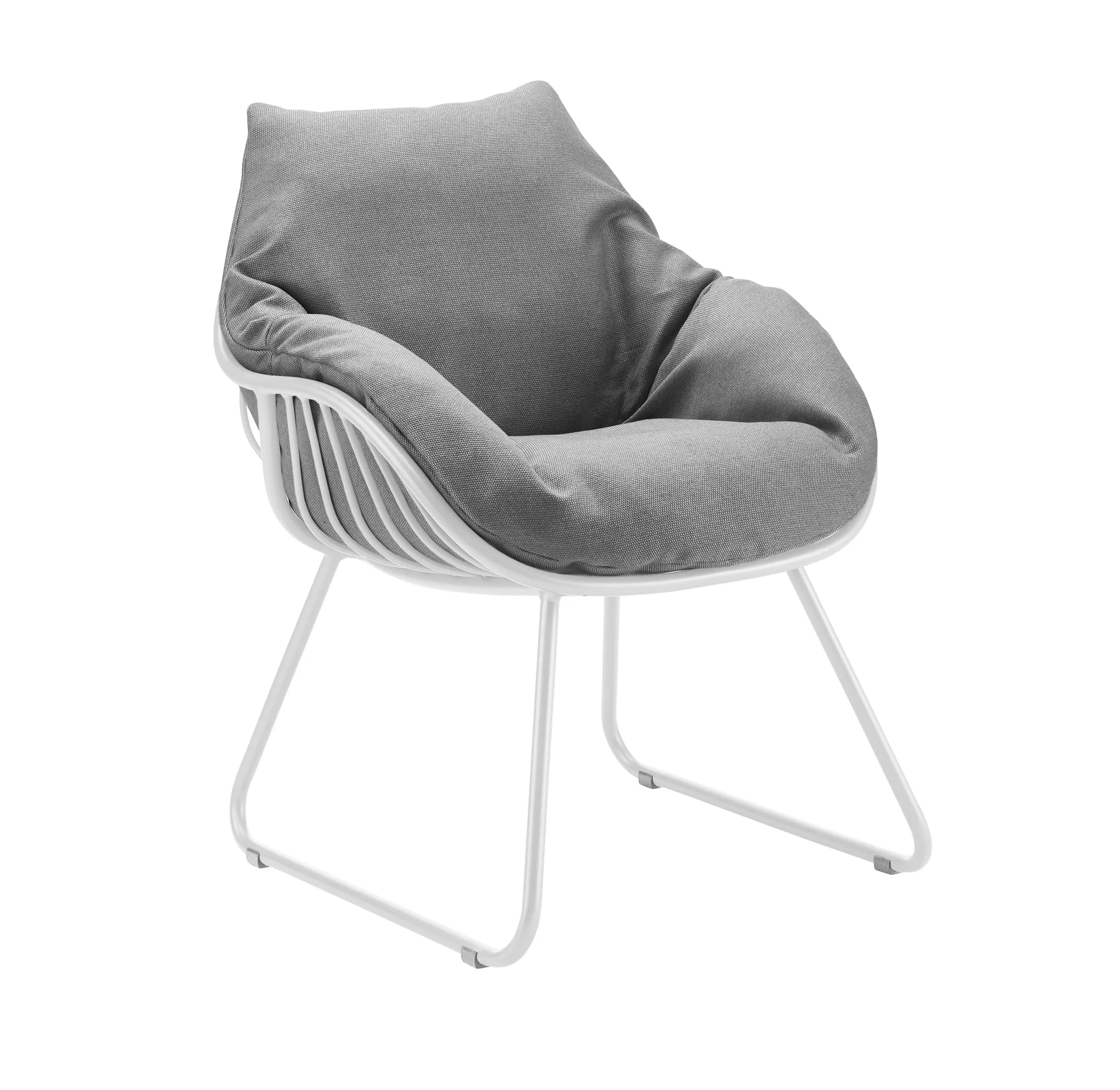 Solpuri Chill Dining Sessel in Weiß mit grauem Kissen in einem Studio ohne Hintergrund