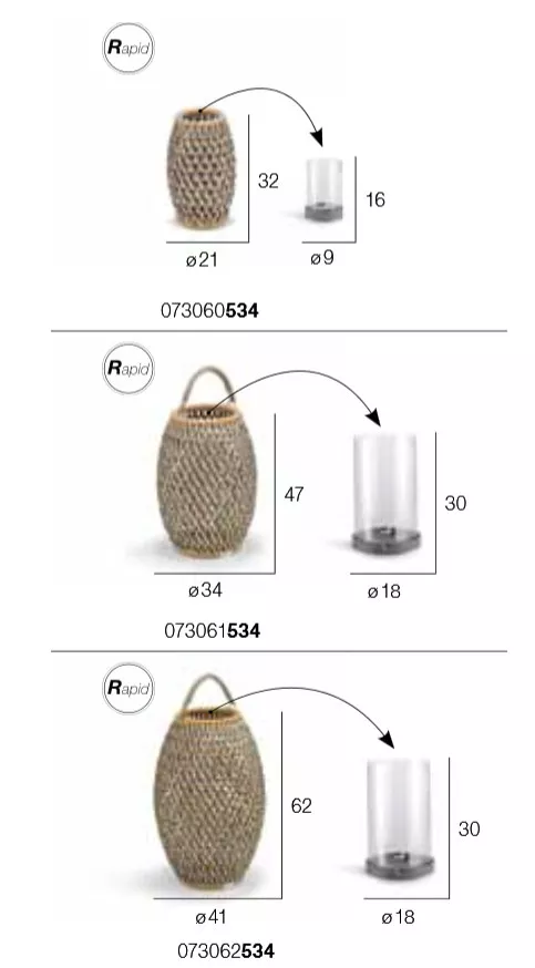 Dedon Dala Laterne 34 cm in einer technischen Zeichnung mit Abmessungen und Details zur Größe und Form der Laterne und des Glaseinsatzes.