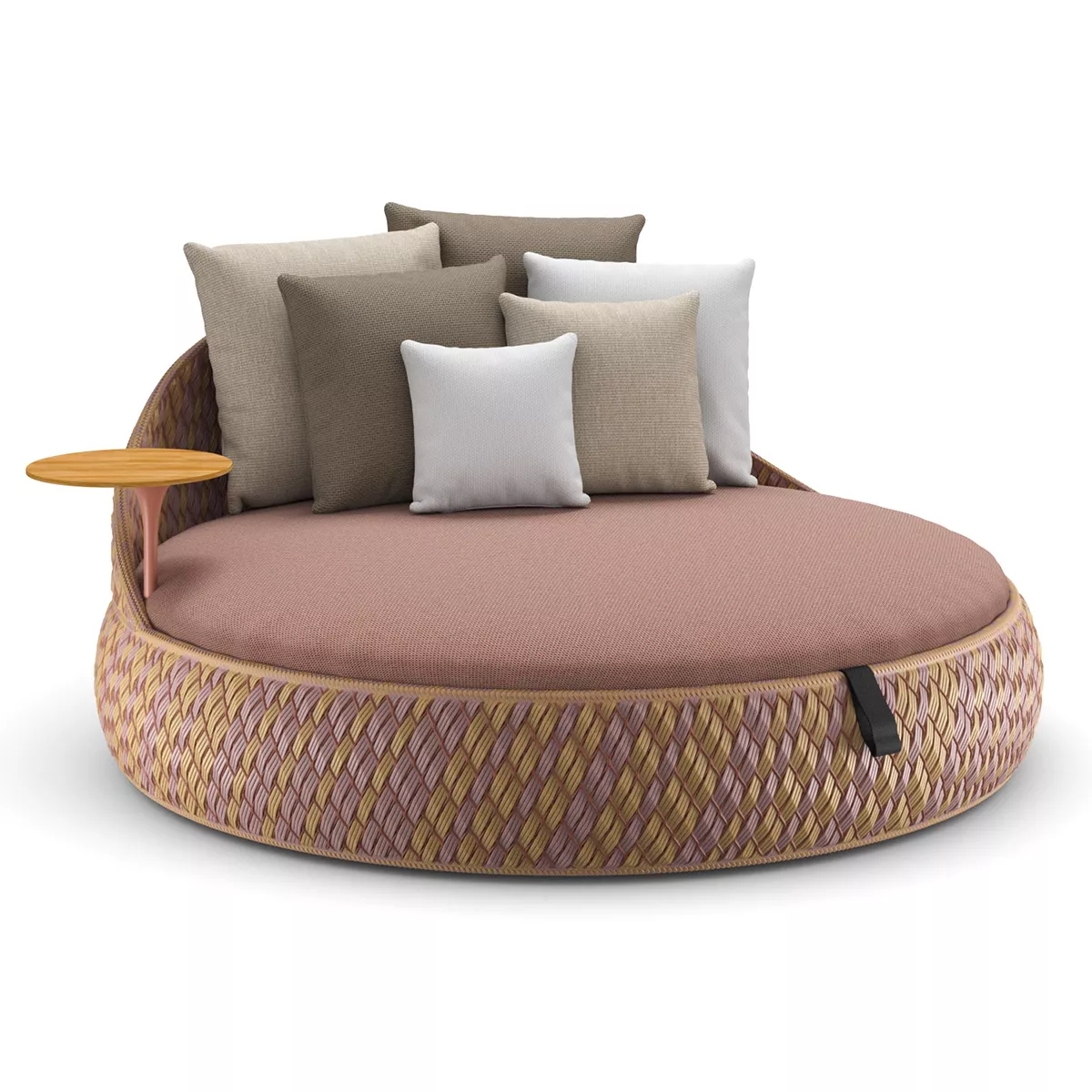 Dedon Dala Loveseat in runder Form mit Kissen in verschiedenen Farben und kleinem Beistelltisch ohne Hintergrund