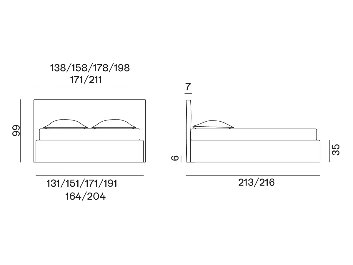 Technisches Datenblatt für Gervasoni Linea Betten mit Abmessungen und Skizzenansicht von vorne und der Seite