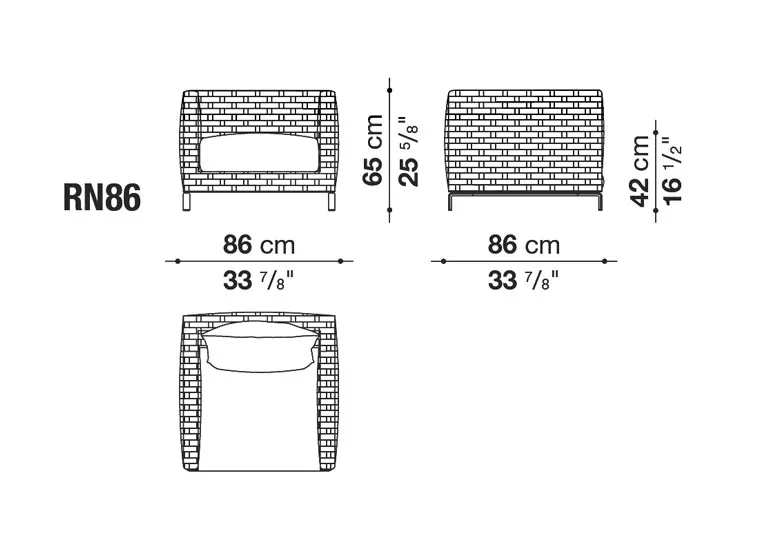 Technisches Datenblatt des B&B Italia Ray Outdoor Natural Loungesessels mit den Maßen 86 cm Breite 65 cm Höhe und 42 cm Sitzhöhe