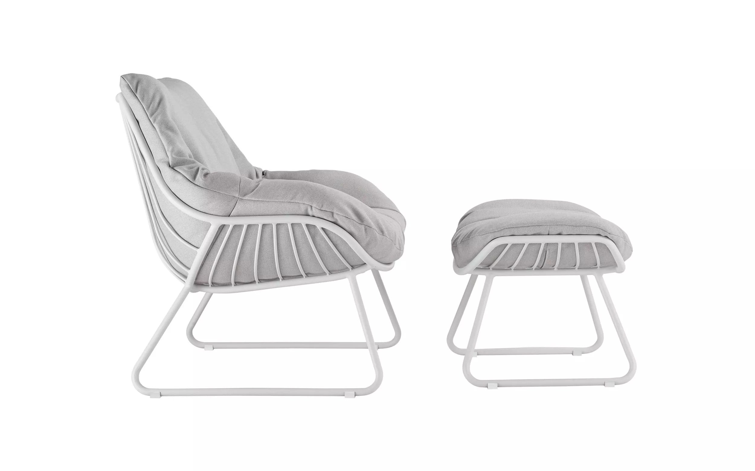 Solpuri Chill Lounge Sessel XL in Weiß mit passendem Hocker vor weißem Hintergrund.