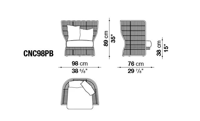 Technisches Datenblatt des B&B Italia Canasta 13 Outdoor Gartensessels mit niedriger Rückenlehne und den Maßen 98 cm Breite und 89 cm Höhe