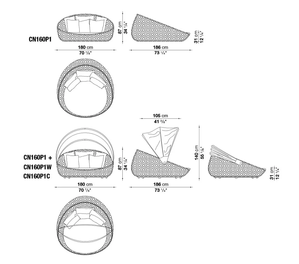 B&B Italia Canasta Outdoor Loungesessel Sofainsel 180 cm technische Zeichnung mit Maßen und Ansichten des Produkts