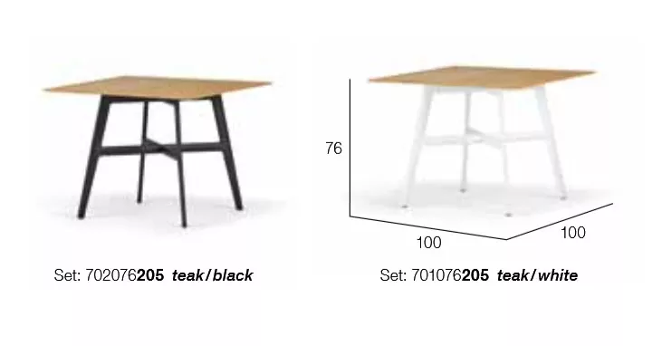 Dedon Seax Esstisch quadratisch 100x100 cm in Teak mit schwarzem oder weißem Gestell technische Zeichnung und Produktabbildung
