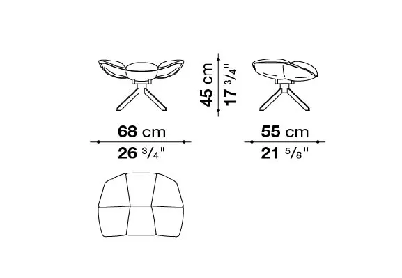 B&B Italia Husk Outdoor Loungehocker technische Zeichnung mit Maßen 68 cm Breite 55 cm Tiefe und 45 cm Höhe.