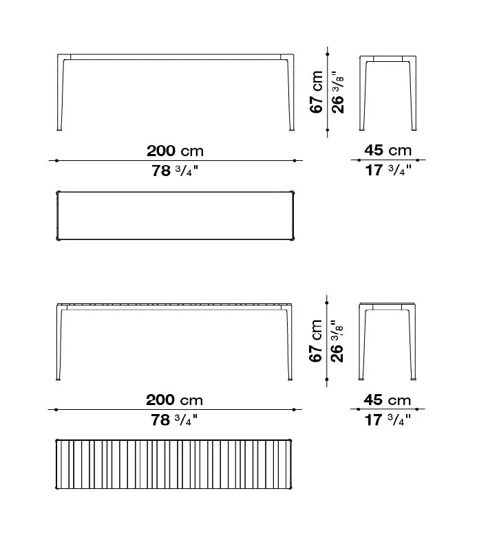 Technisches Datenblatt der B&B Italia Mirto Outdoor Konsole mit 200x45 cm Tischplatte aus Aluminium oder Iroko mit Maßen und Ansichten